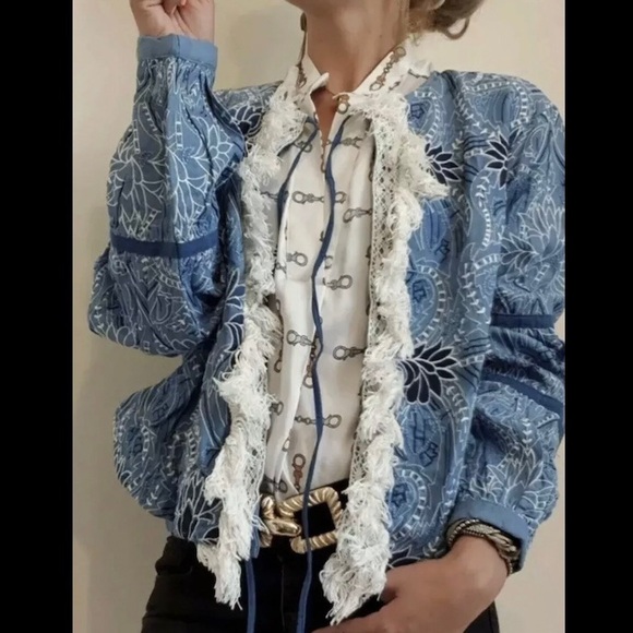 Zara Blue Embroidered Open Front Fringe Jacket Size S Whimsical Artsy Festival - Picture 3 of 16